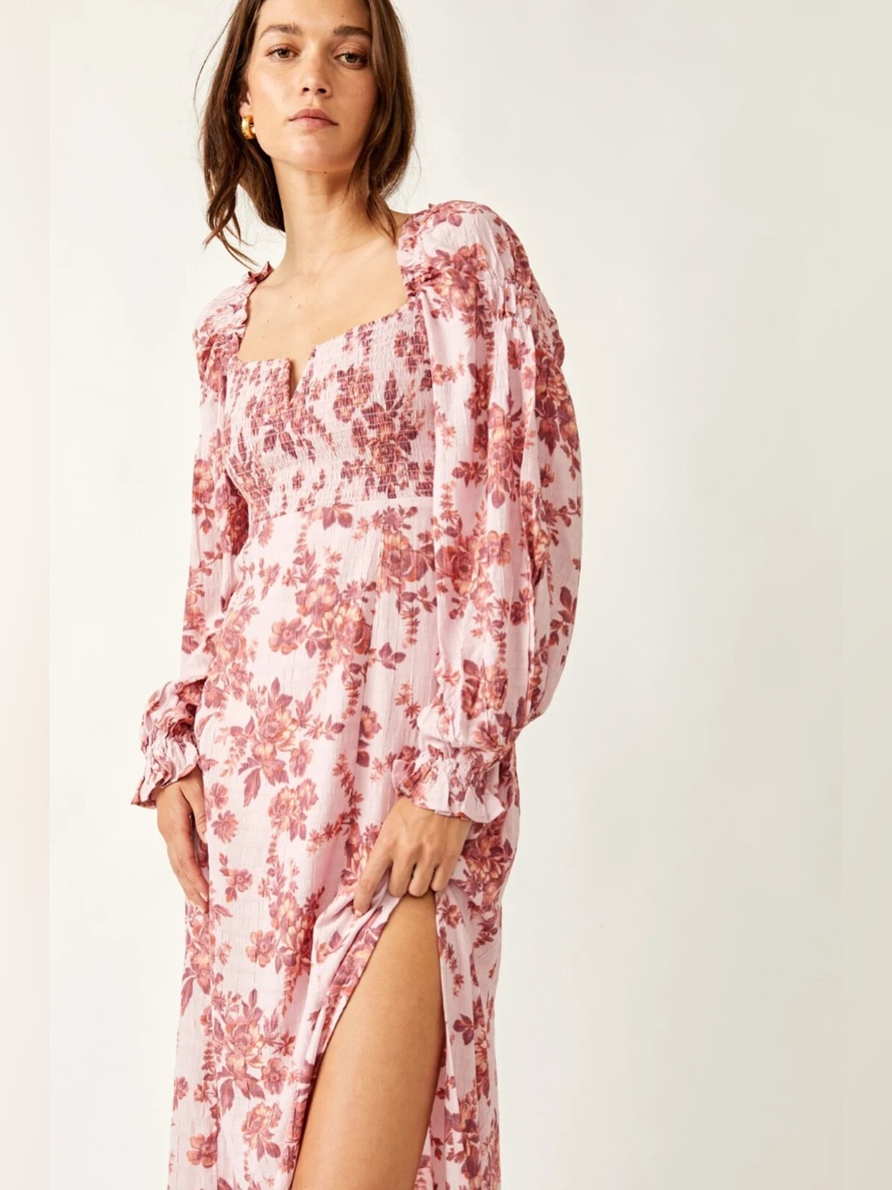 Free People Jaymes Pink Floral Midi Dress with Long Puff Sleeves